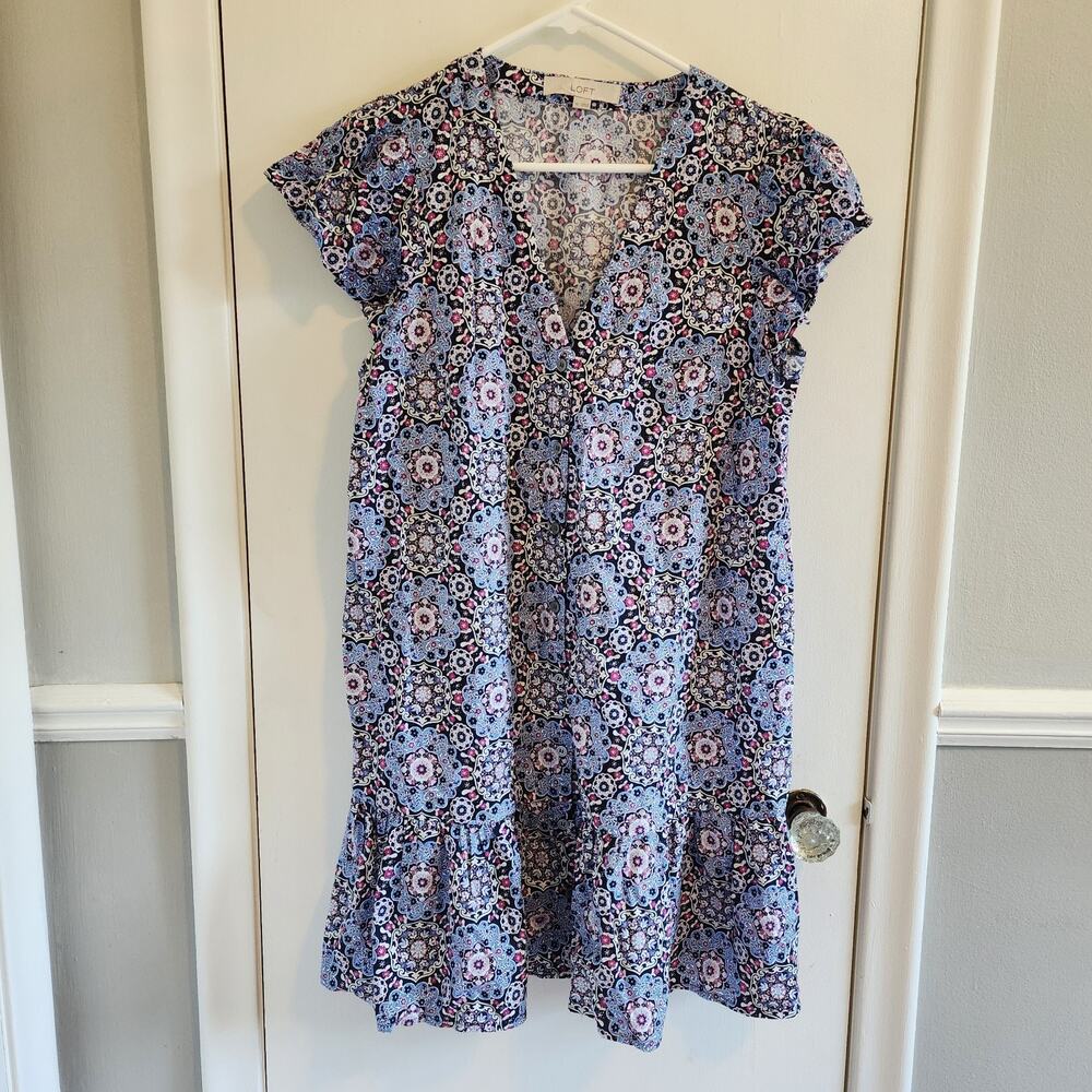 Loft Size XS Blue Multicolor Dress Flutter Sleeve Ruffle Tier Hem Summer Chic